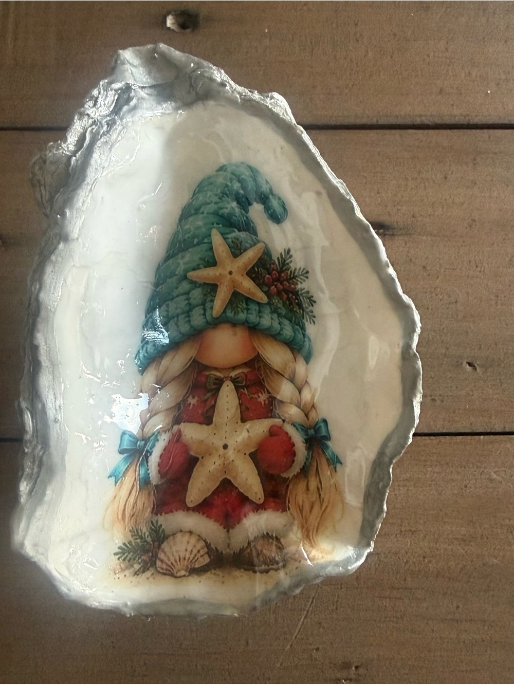 Oyster Shell Holiday Coastal Gnome Decorative Shell Tray - Teal and Red